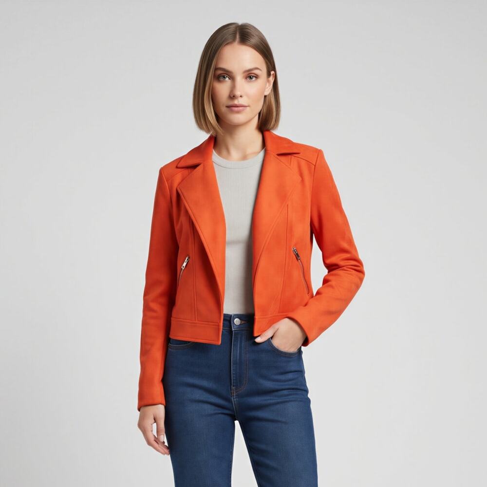 PHILOSOPHY NWOT Faux Suede Drape Open Front Moto Jacket Orange XS